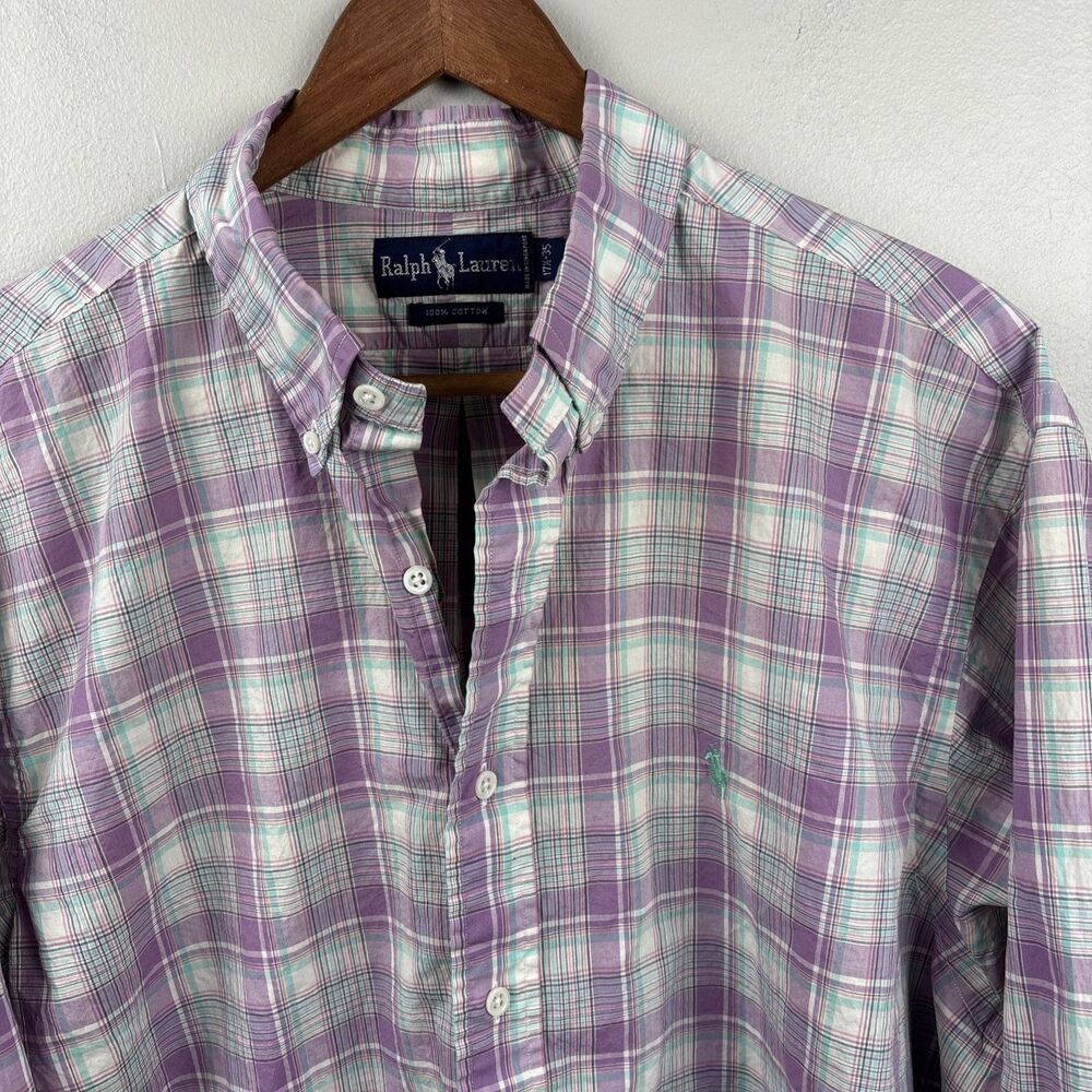 Lauren Ralph Lauren Dress shirt Men 17.5-35 Purple Plaid Cotton Pony Long Sleeve